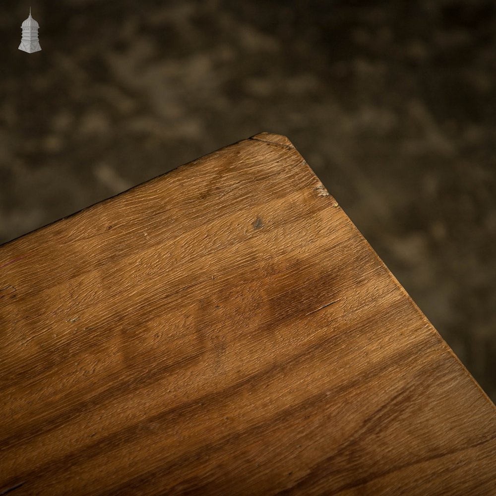 School Workbench Table, Mid Century Beech H Stretcher Base with Iroko Top