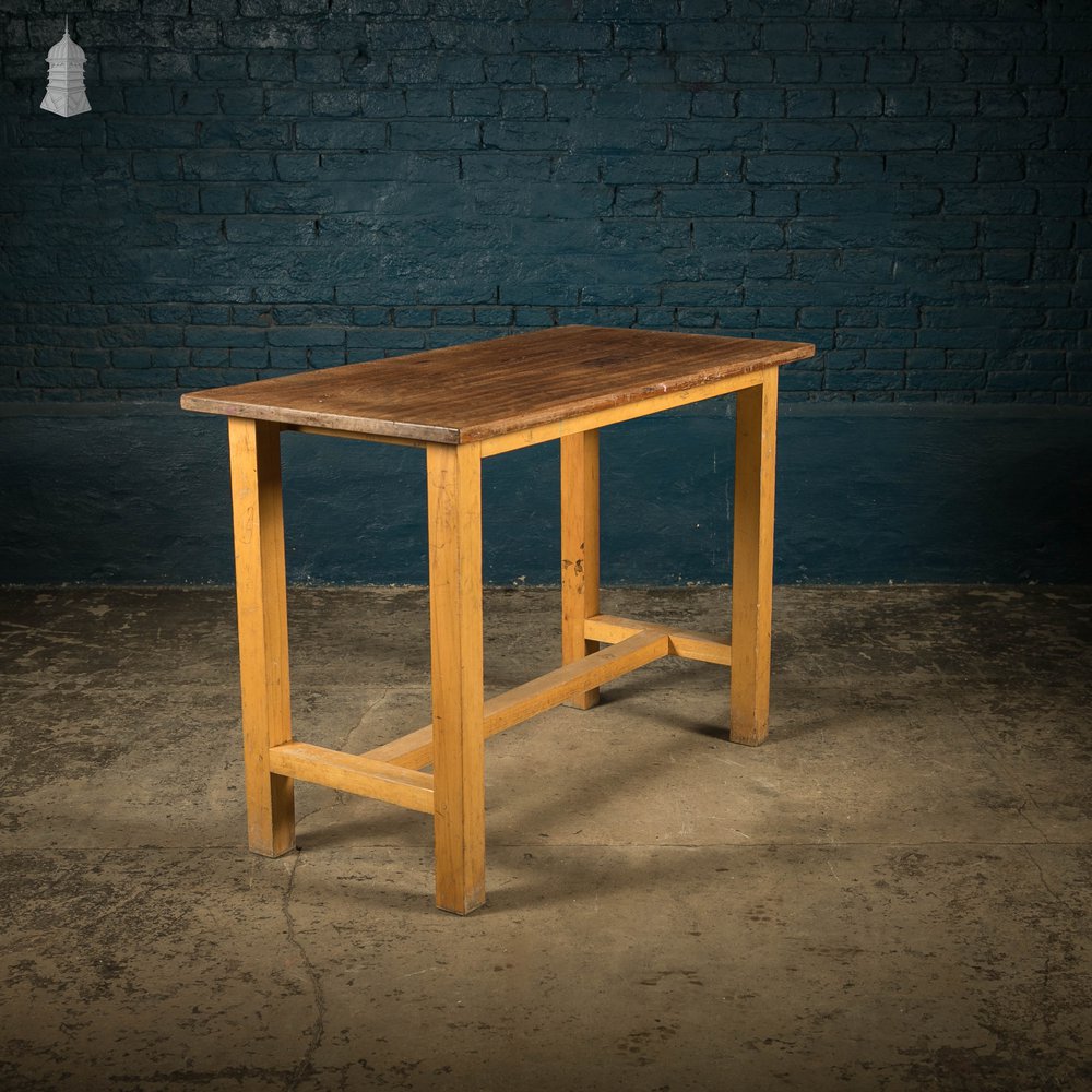 School Workbench Table, Mid Century Beech H Stretcher Base with Iroko Top