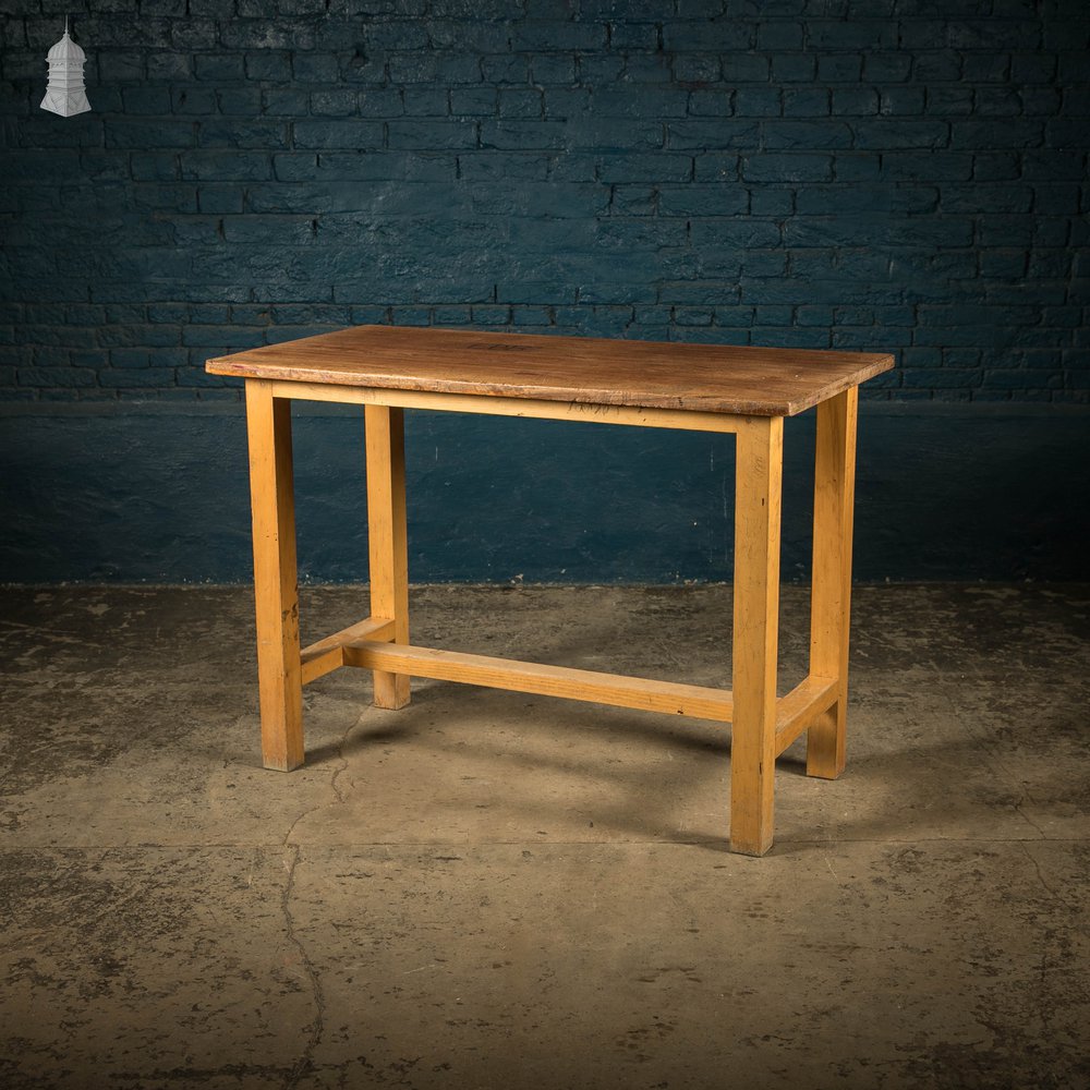 School Workbench Table, Mid Century Beech H Stretcher Base with Iroko Top