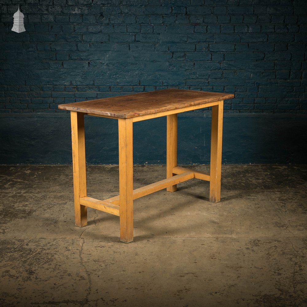 School Workbench Table, Mid Century Beech H Stretcher Base with Iroko Top