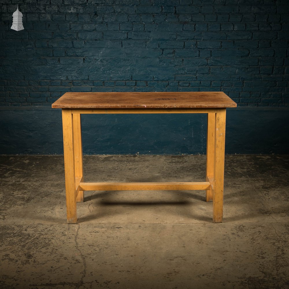 School Workbench Table, Mid Century Beech H Stretcher Base with Iroko Top