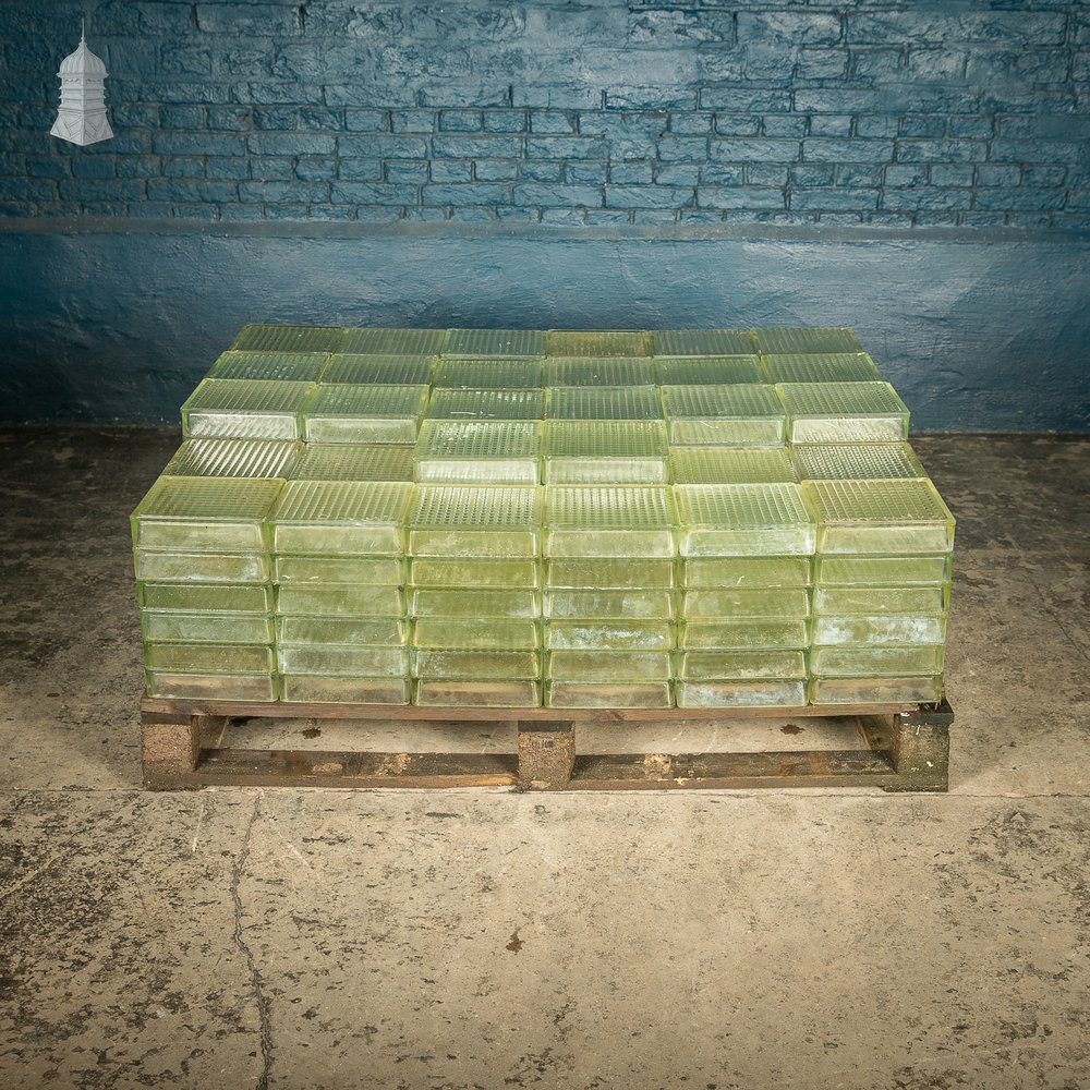 Glass Block Bricks, Batch of 382 Reclaimed Half Bricks with Cross Ribbed Design