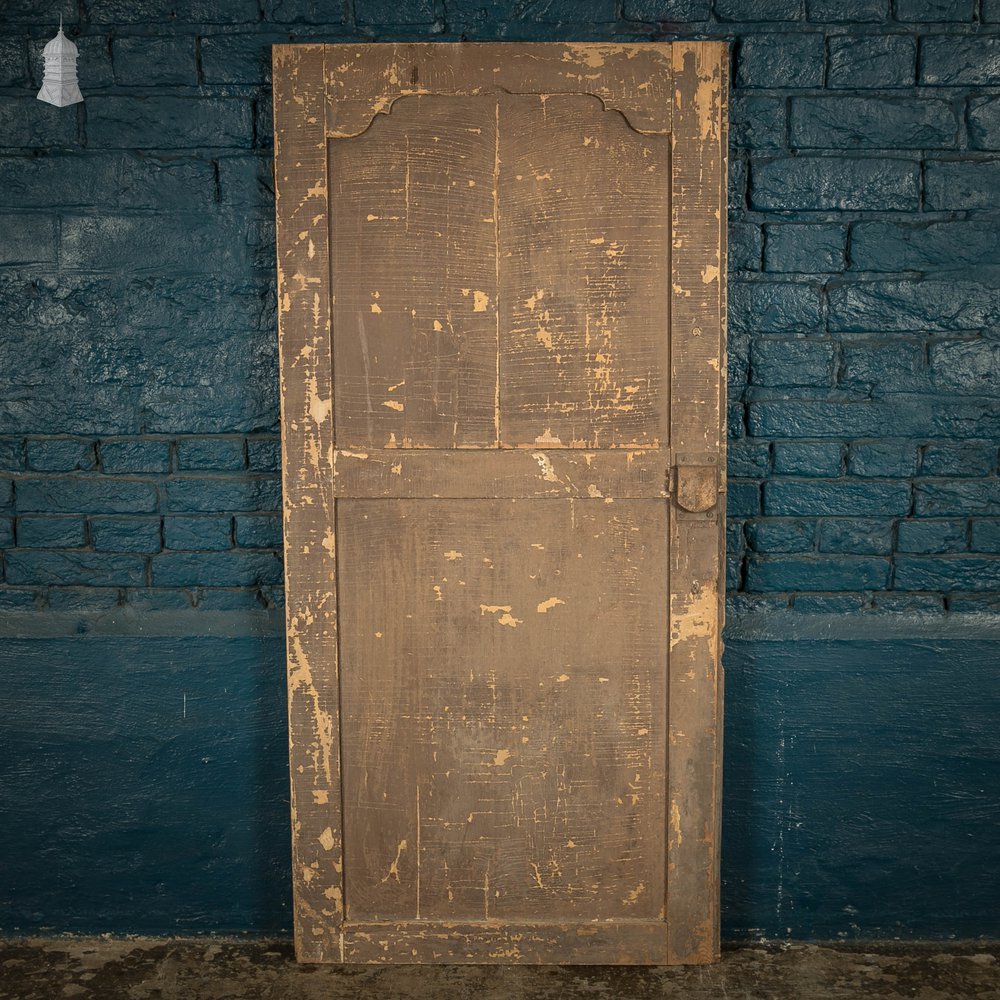 French Cupboard Door, 18th C Moulded 2 Panel Pine Door with Distressed Painted Finish