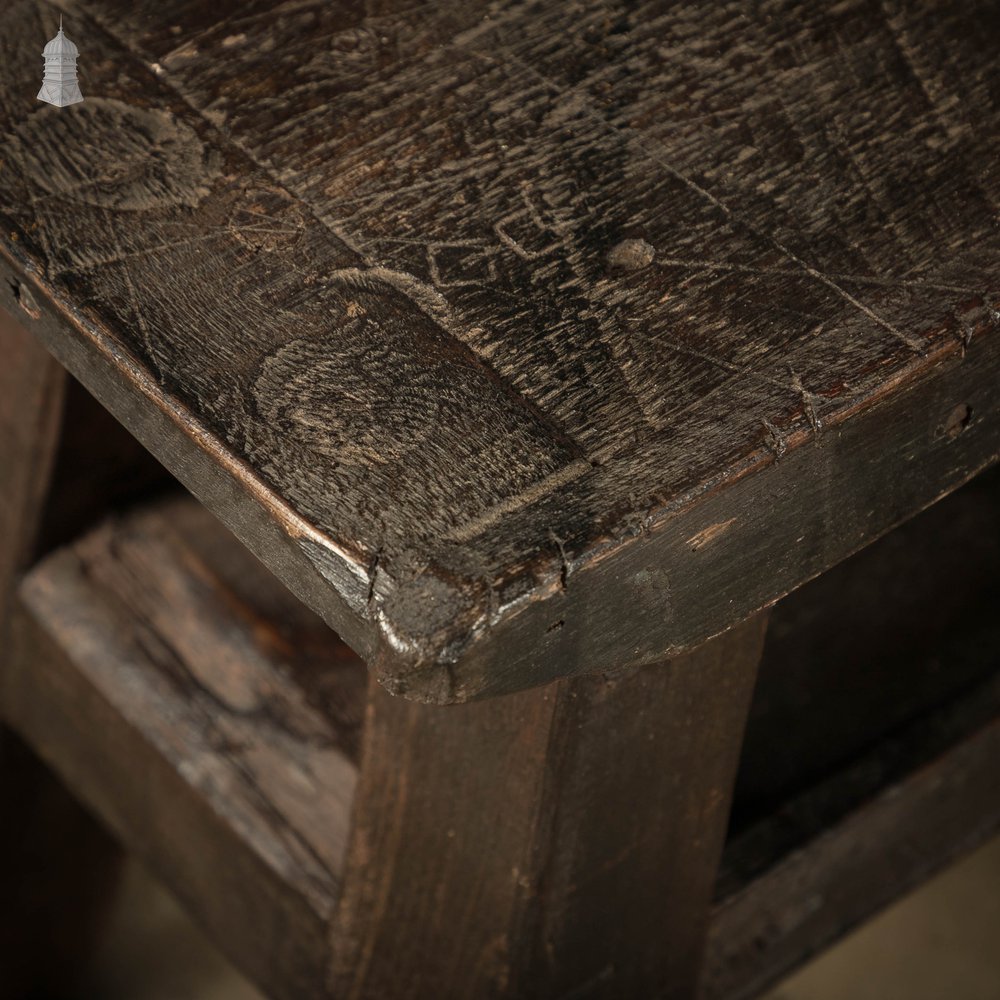 Trestle Work Stalls, Black Stained Pine Framed Seat with Shelf