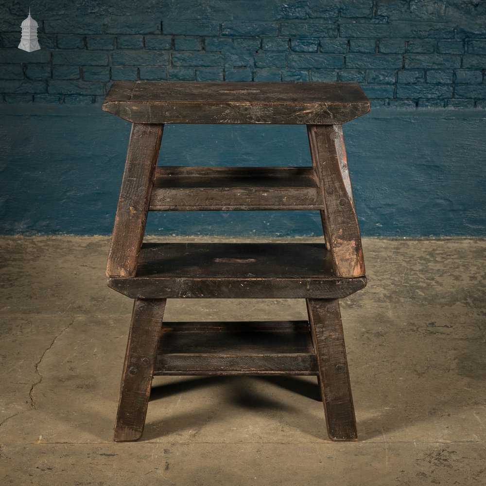 Trestle Work Stalls, Black Stained Pine Framed Seat with Shelf