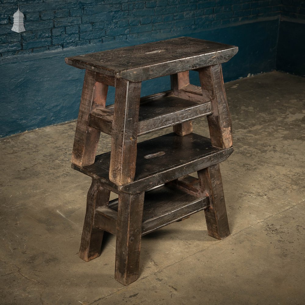 Trestle Work Stalls, Black Stained Pine Framed Seat with Shelf