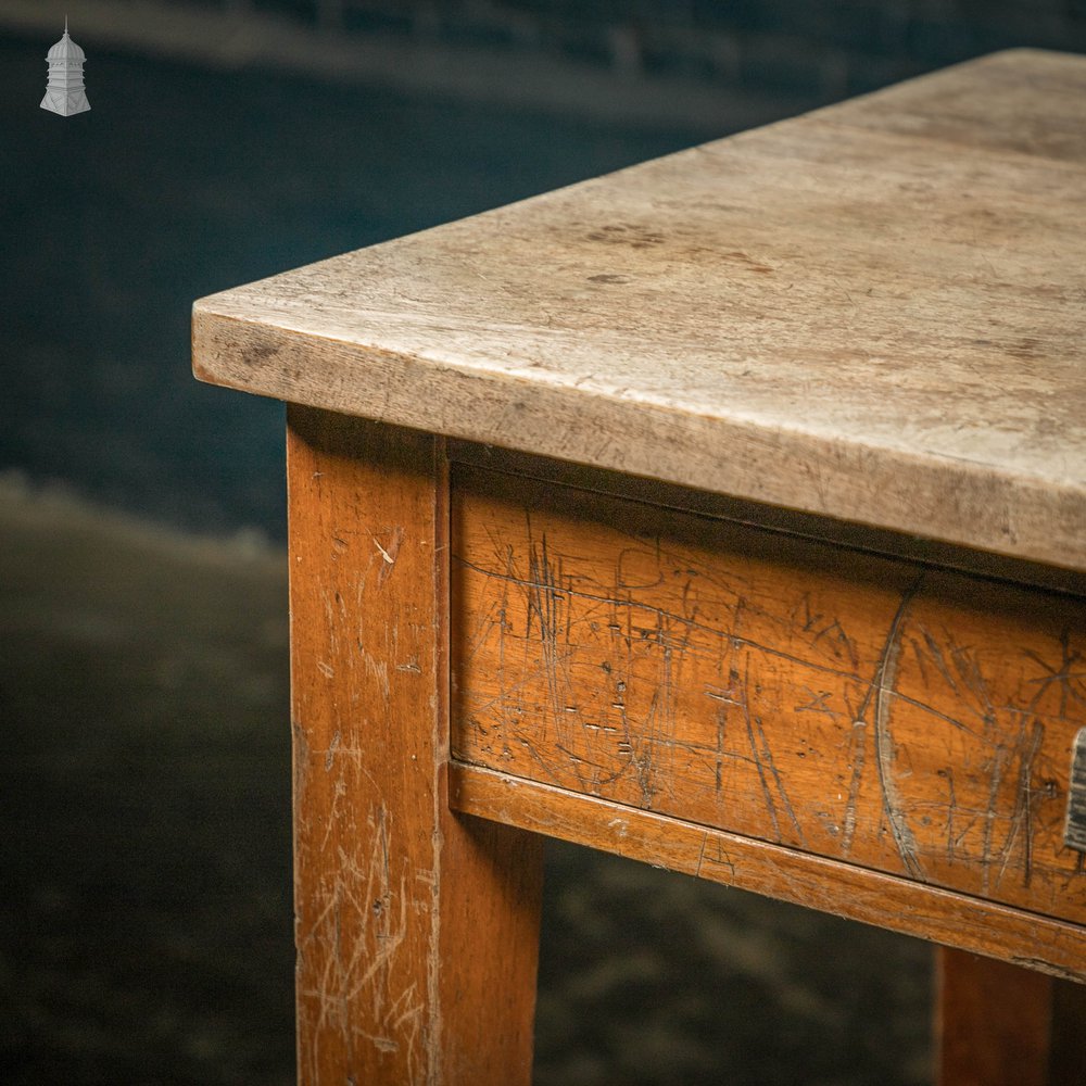 School Workbench Table with 2 Drawers, Science Lab / Art Studio, Worn Iroko