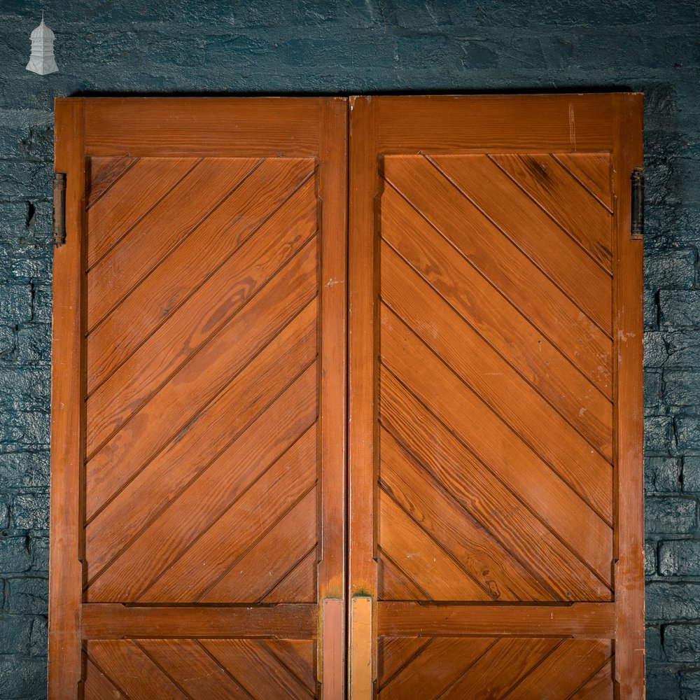 Pitch Pine Church Doors, Pair of Framed Plank Doors with Two Way Hinges