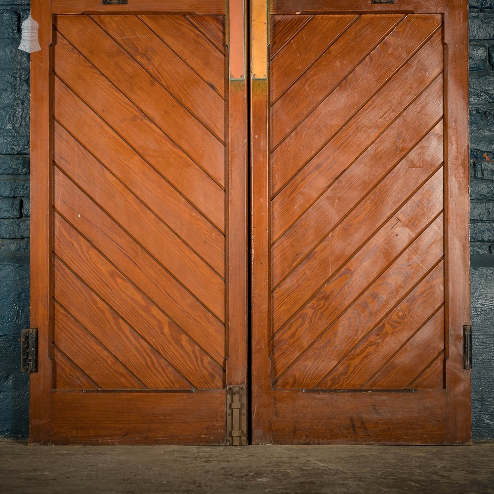 Pitch Pine Church Doors, Pair of Framed Plank Doors with Two Way Hinges