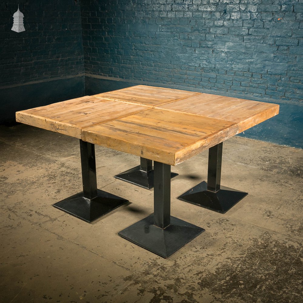 Square Bistro Tables, Reclaimed Pine Tops on Steel Bases, Set of 4