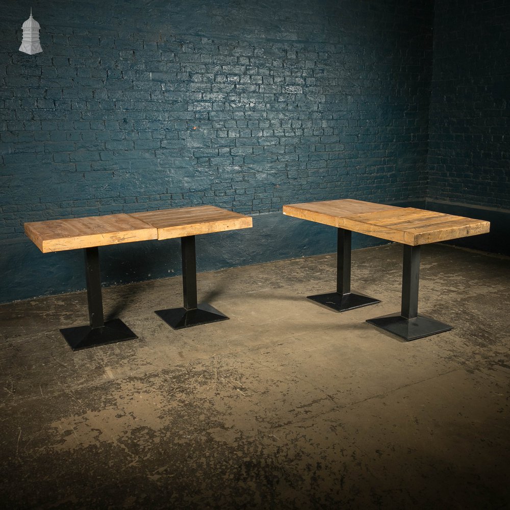 Square Bistro Tables, Reclaimed Pine Tops on Steel Bases, Set of 4