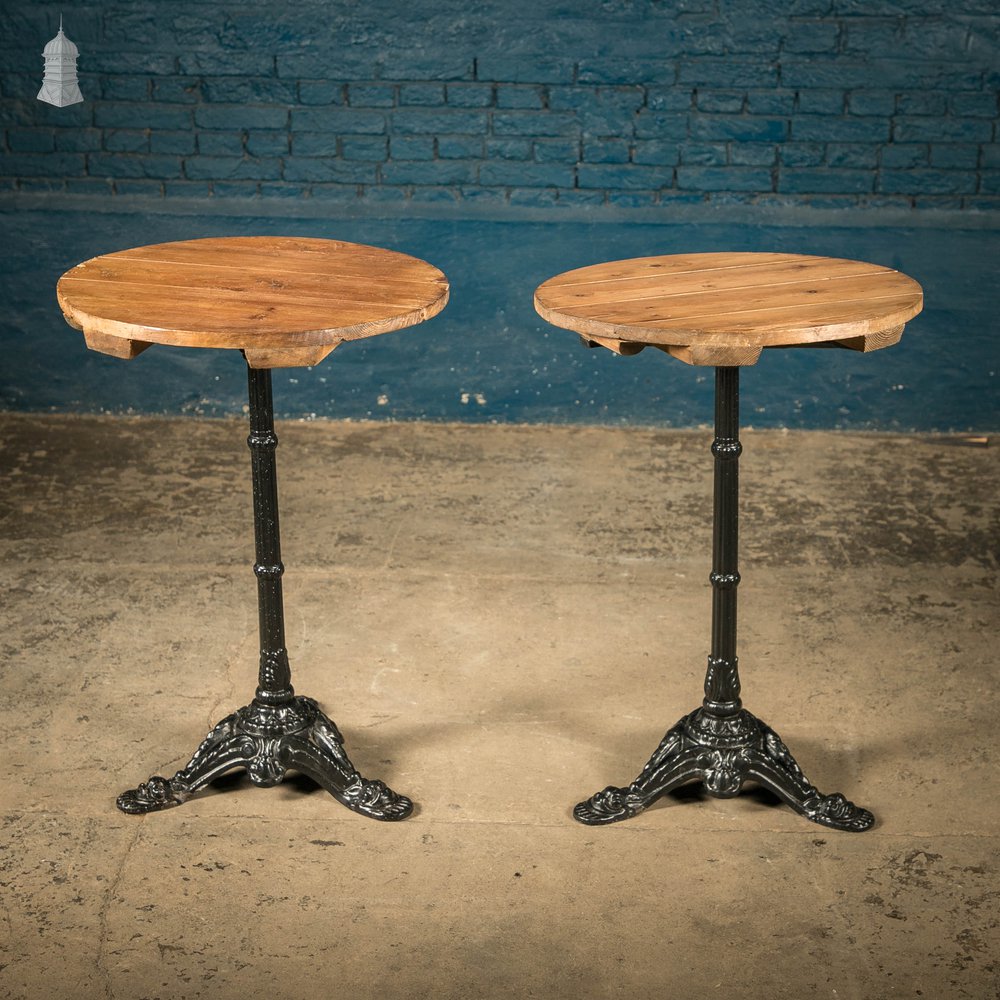 Round Bistro Tables, Reclaimed Pine Tops on Cast Alloy Bases, Pair