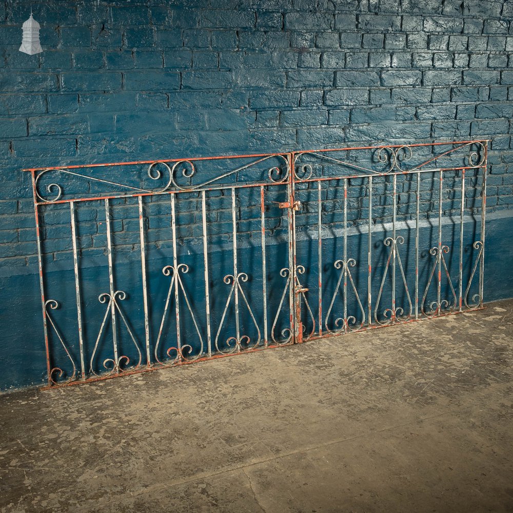 Wrought Iron Driveway Gates, Pair of 20th C Gates with Distressed Paint Finish