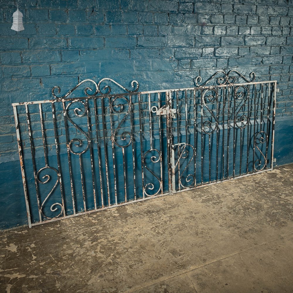 Wrought Iron Driveway Gates, Pair of 20th C Gates with Distressed Painted Finish