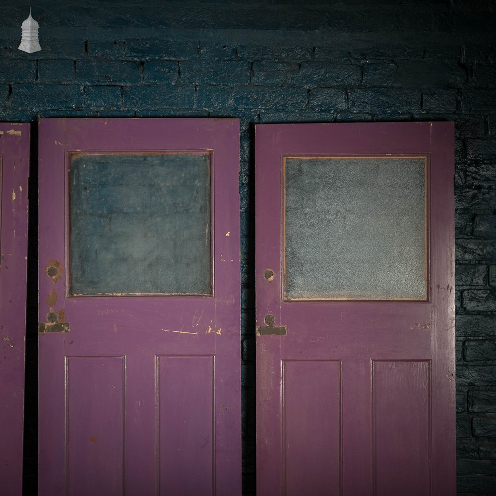 Half Glazed Doors, Batch of 4 Purple Painted Doors fitted with ‘Cathedral Style’ Textured Glass