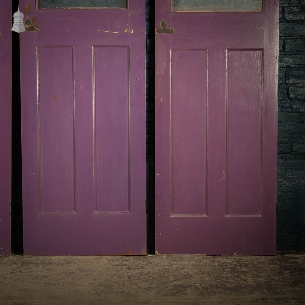 Half Glazed Doors, Batch of 4 Purple Painted Doors fitted with ‘Cathedral Style’ Textured Glass