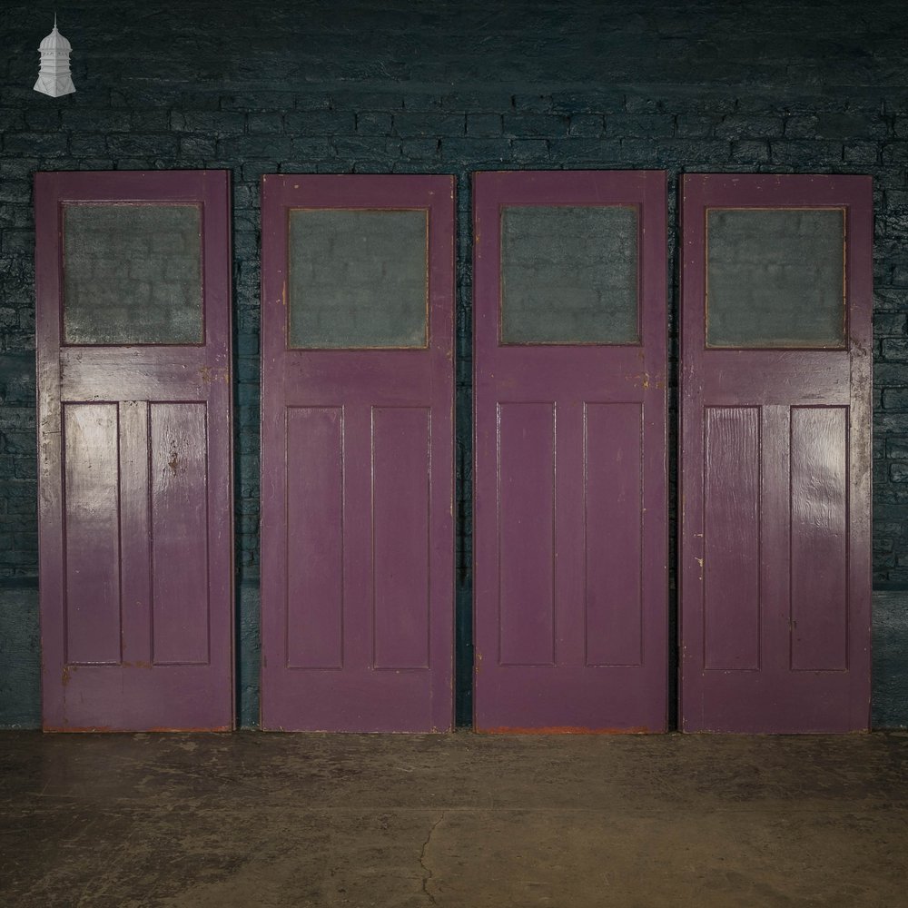 Half Glazed Doors, Batch of 4 Purple Painted Doors fitted with ‘Cathedral Style’ Textured Glass