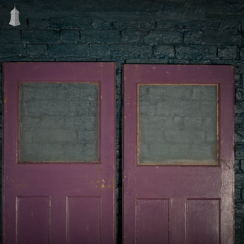 Half Glazed Doors, Batch of 4 Purple Painted Doors fitted with ‘Cathedral Style’ Textured Glass