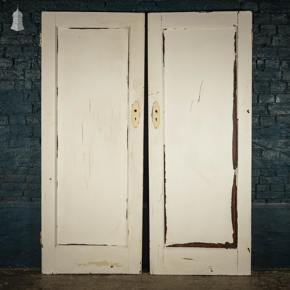 Pine Panelled Doors, Pair with Distressed White Painted Finish