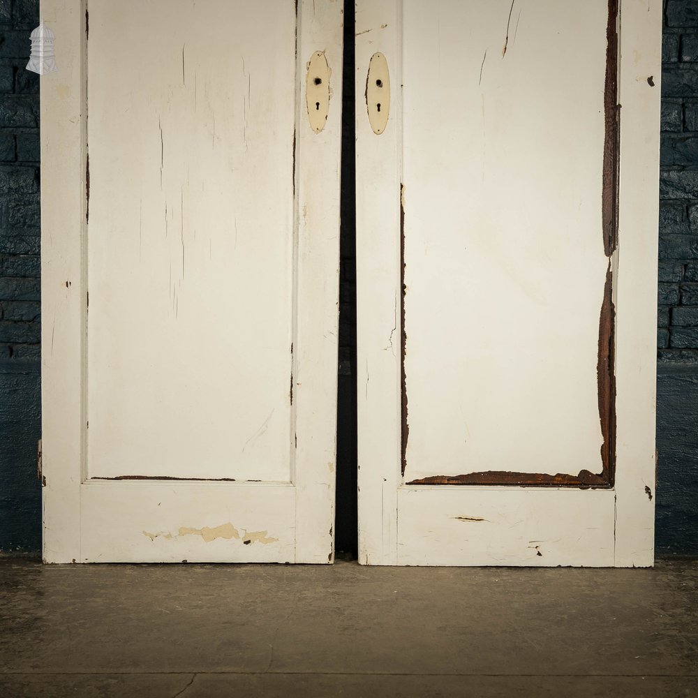 Pine Panelled Doors, Pair with Distressed White Painted Finish