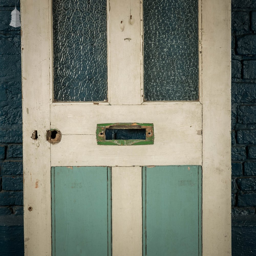 Half Glazed Door, White and Green Painted Pine fitted with 'Arctic' Style Textured Glass