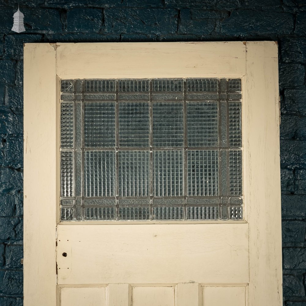 Half Glazed Door, 4 Panel Pine 1930’s Style Fitted With Leaded Cross Reeded Glass