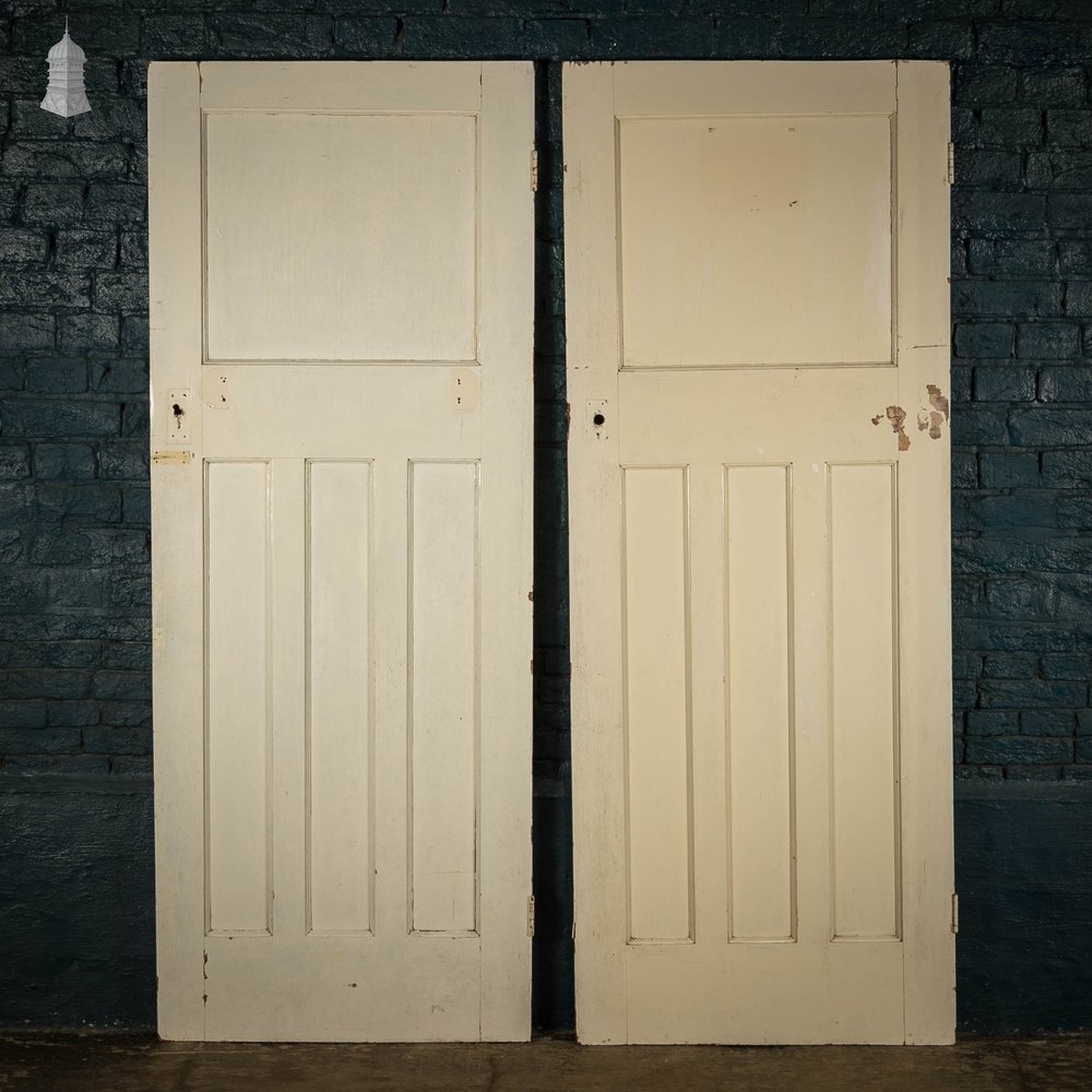 Pine Panelled Doors, Pair of 4 Panel White Painted Doors