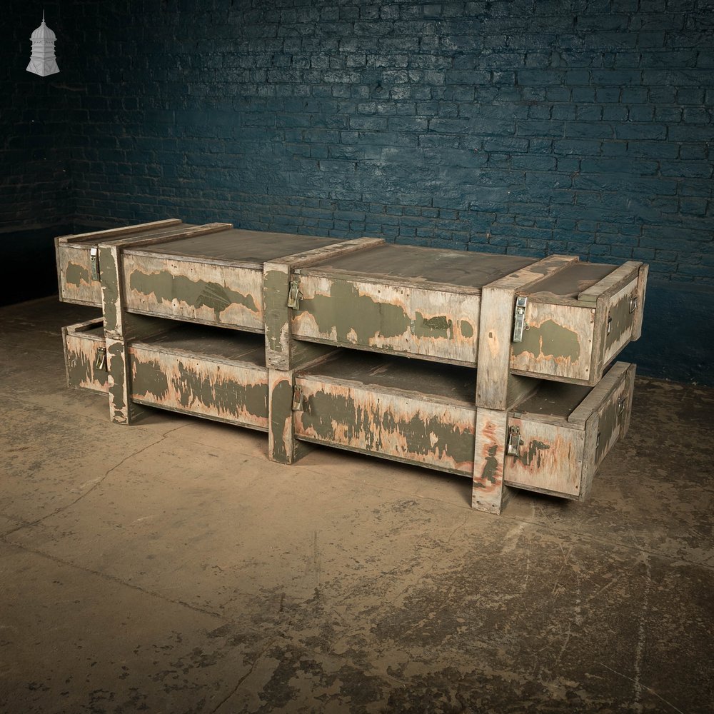 Military Shipping Crates, Pair of Green Painted Wooden Aircraft Part Shipping Boxes Reclaimed from a Norfolk RAF Base