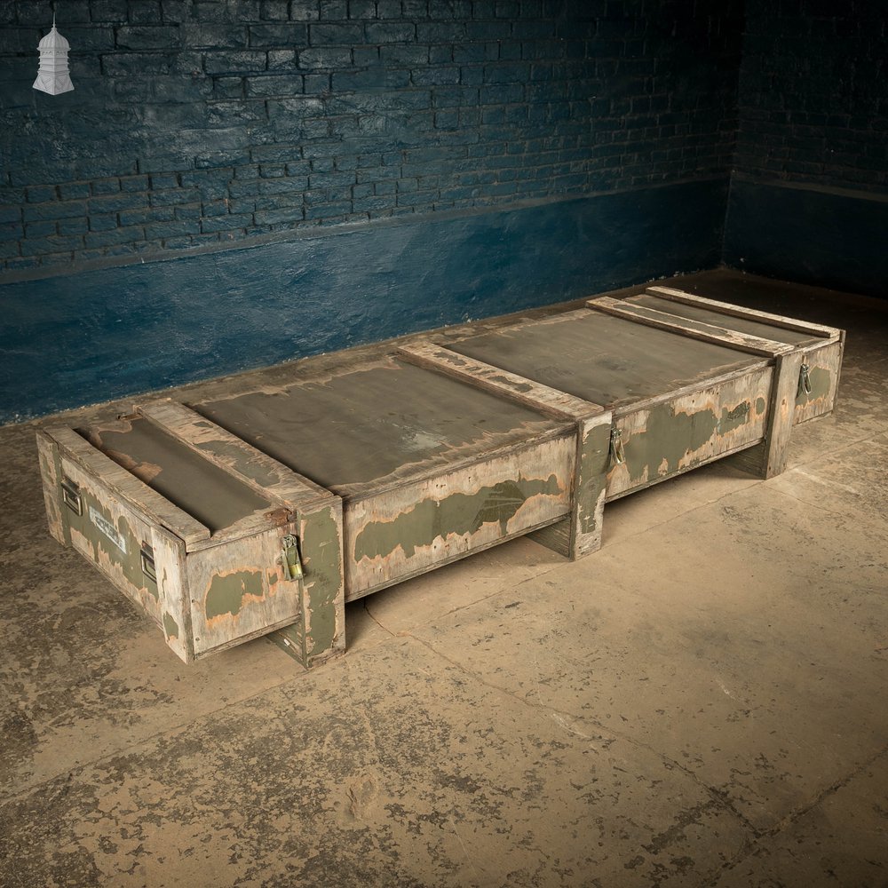 Military Shipping Crates, Pair of Green Painted Wooden Aircraft Part Shipping Boxes Reclaimed from a Norfolk RAF Base