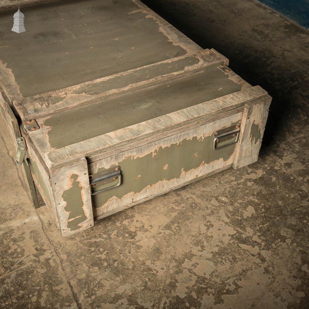 Military Shipping Crates, Pair of Green Painted Wooden Aircraft Part Shipping Boxes Reclaimed from a Norfolk RAF Base