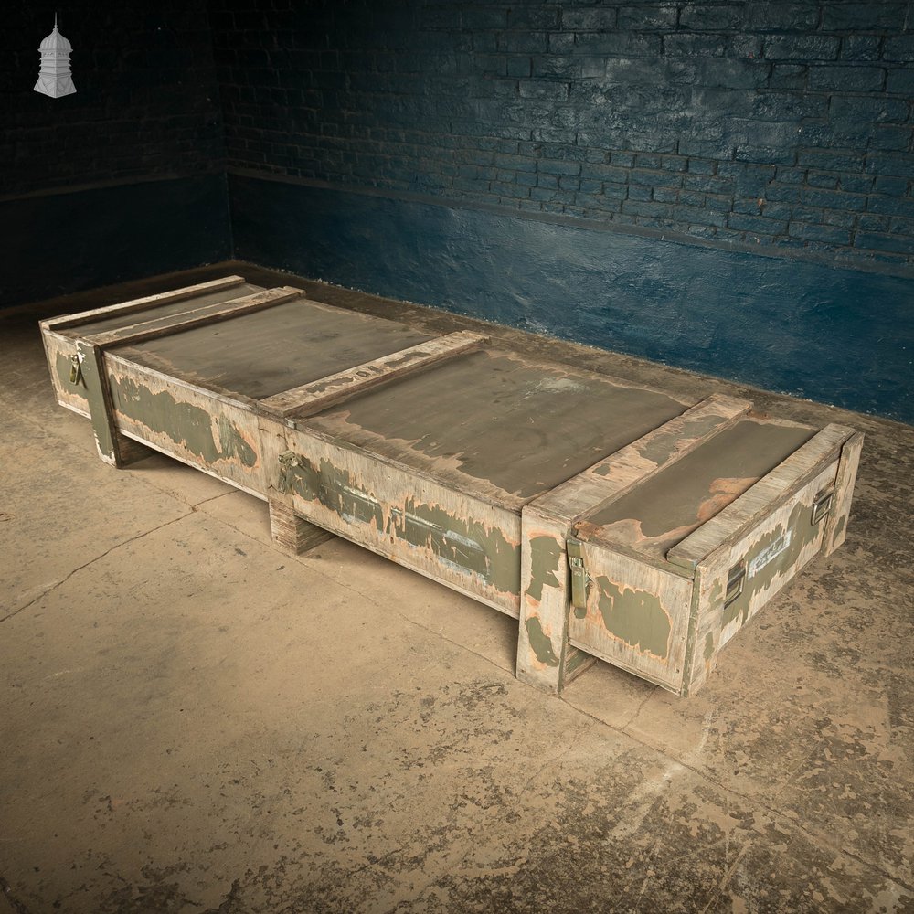 Military Shipping Crates, Pair of Green Painted Wooden Aircraft Part Shipping Boxes Reclaimed from a Norfolk RAF Base