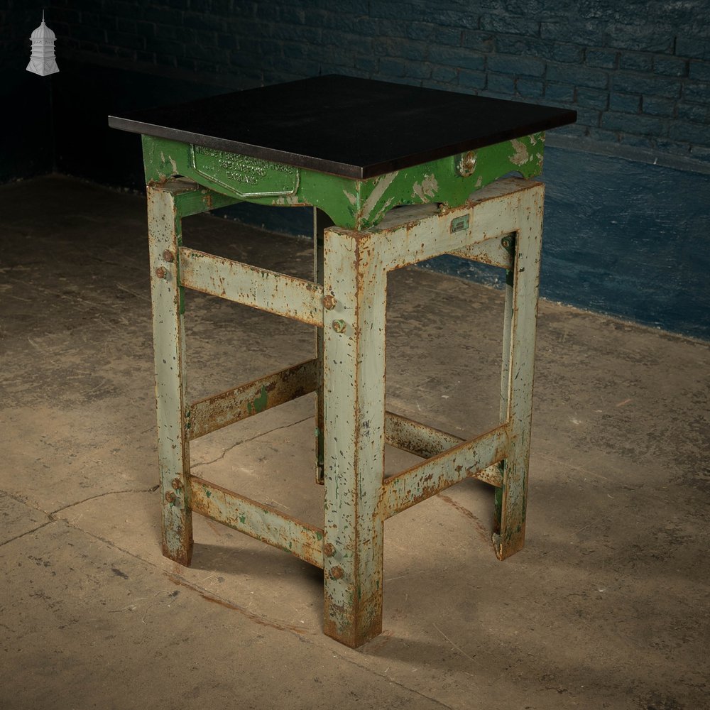 Industrial Surface Table, Cast Iron Workshop Table, Grey and Green Distressed Paint