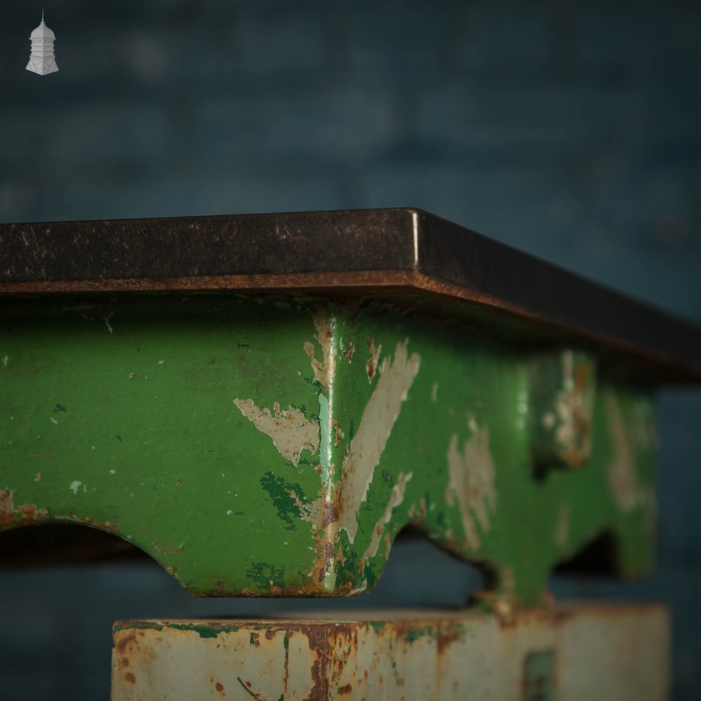 Industrial Surface Table, Cast Iron Workshop Table, Grey and Green Distressed Paint