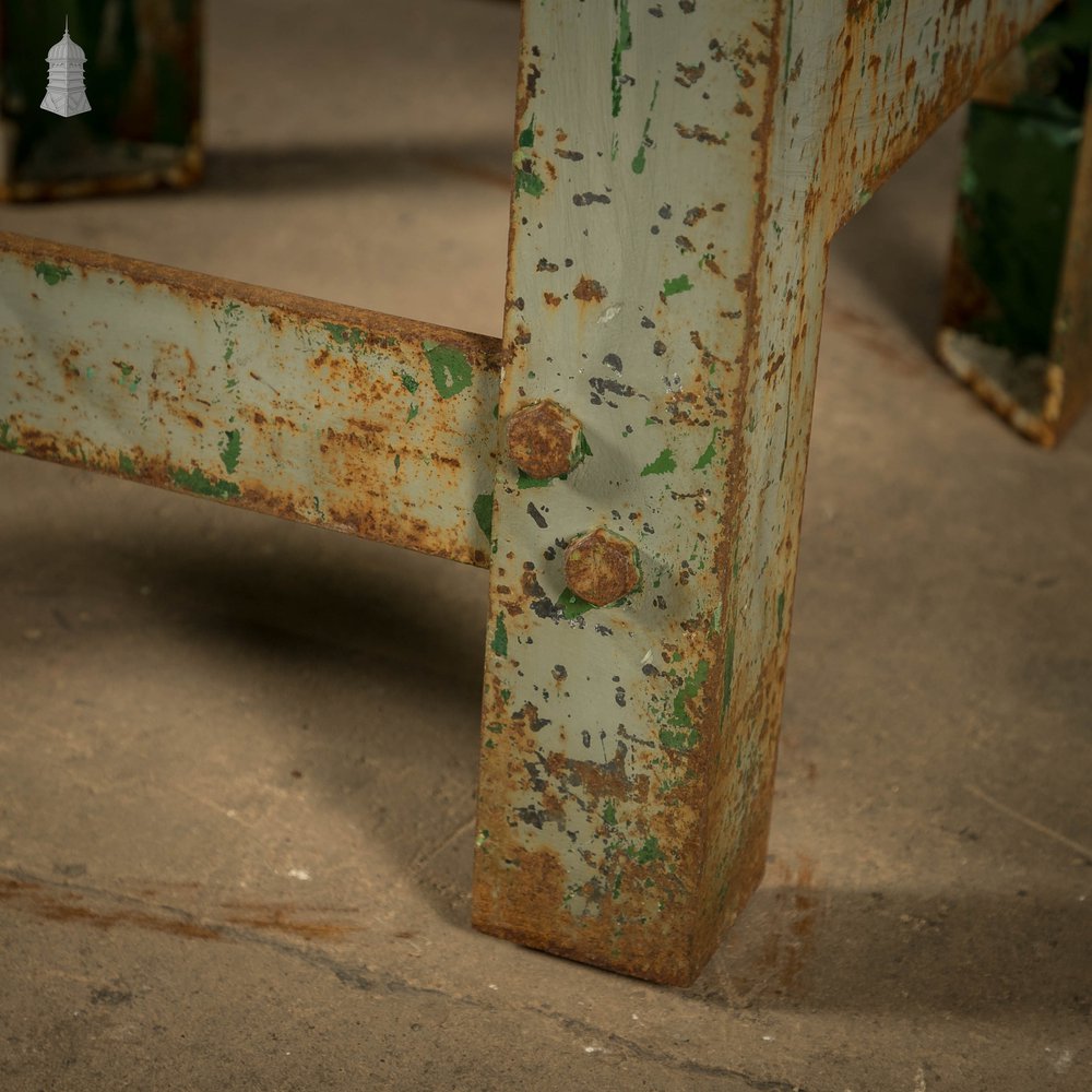 Industrial Surface Table, Cast Iron Workshop Table, Grey and Green Distressed Paint