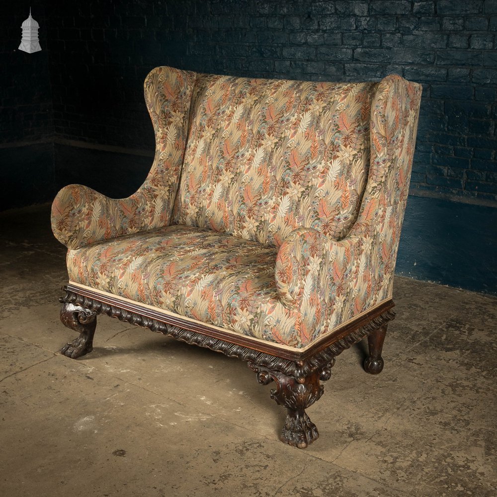 Wingback Love Seat, Carved Mahogany Base with Lion Paw Feet