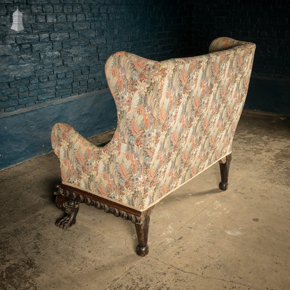 Wingback Love Seat, Carved Mahogany Base with Lion Paw Feet