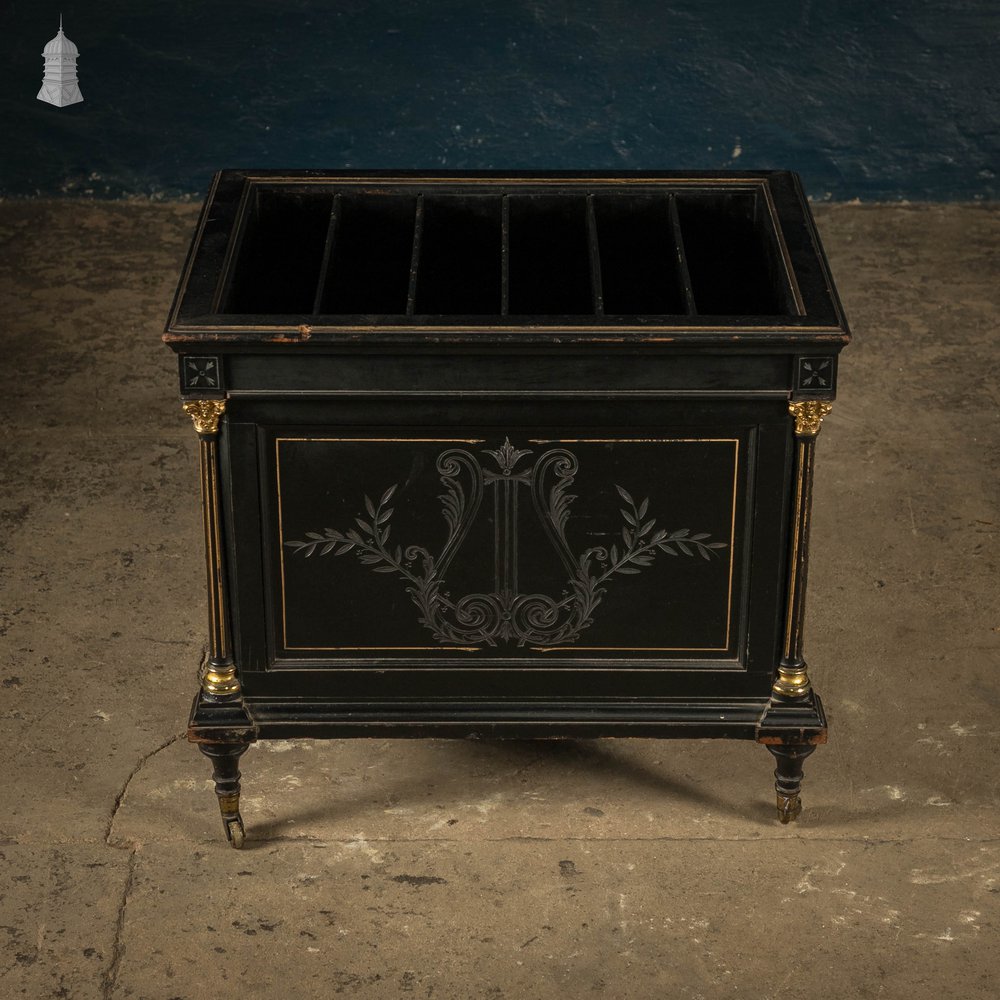 Victorian Canterbury Sheet Music Rack, Ebonised Hardwood with Gold Column Details