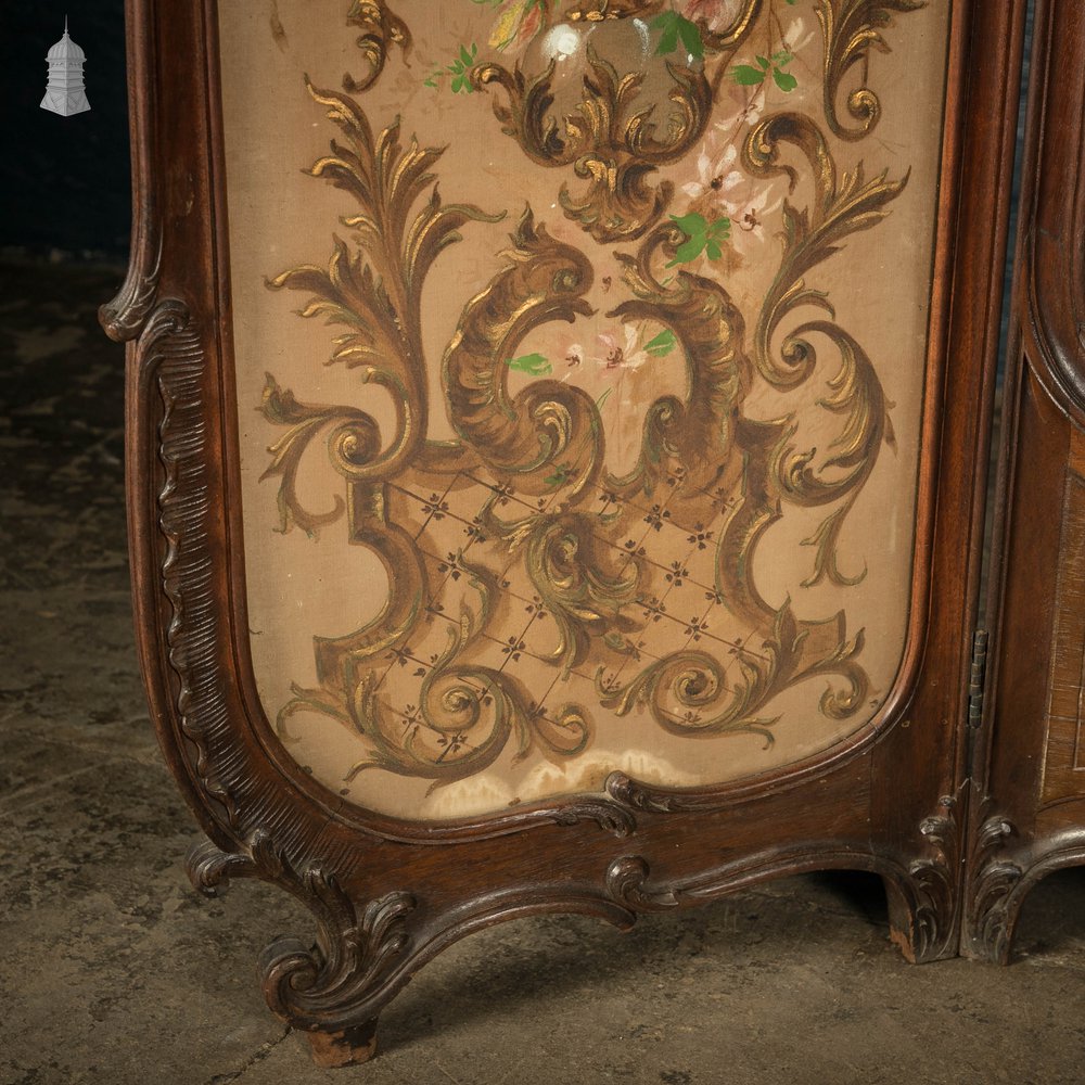 Three Panel Dressing Screen, 19th C French, Painted Canvas in Glazed Mahogany Frame