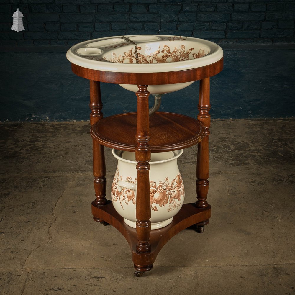 19th C Washstand, Brown Westhead Moore & Co Lemonaire, Mahogany Stand with Ceramic Basin, Pitcher, and Waste Bowl