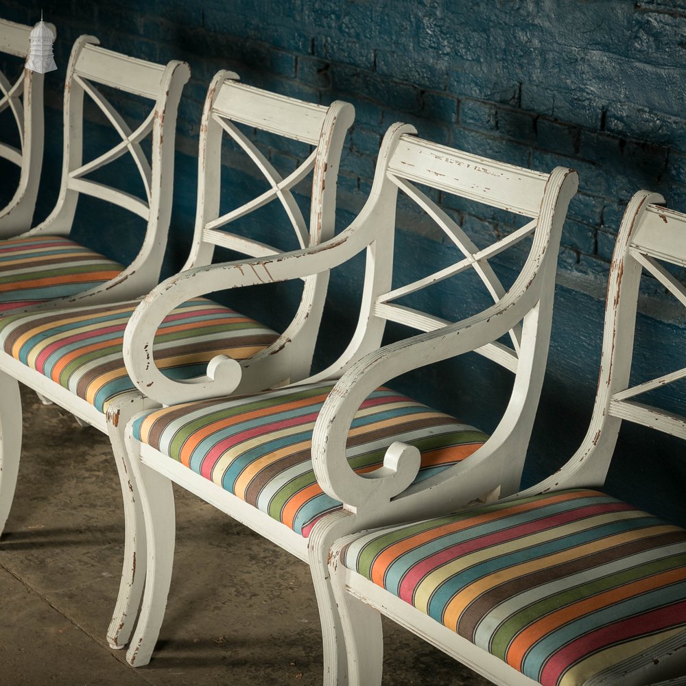 Mahogany Dining Chairs, Set of 7 20th C Cross Back Chairs with Reeded Legs, Later Reupholstery and Distressed Paint Finish