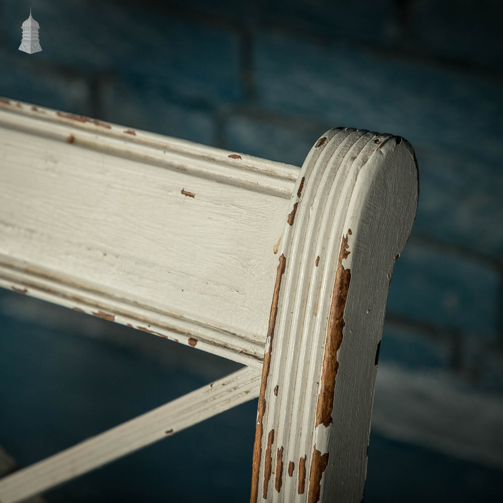 Mahogany Dining Chairs, Set of 7 20th C Cross Back Chairs with Reeded Legs, Later Reupholstery and Distressed Paint Finish