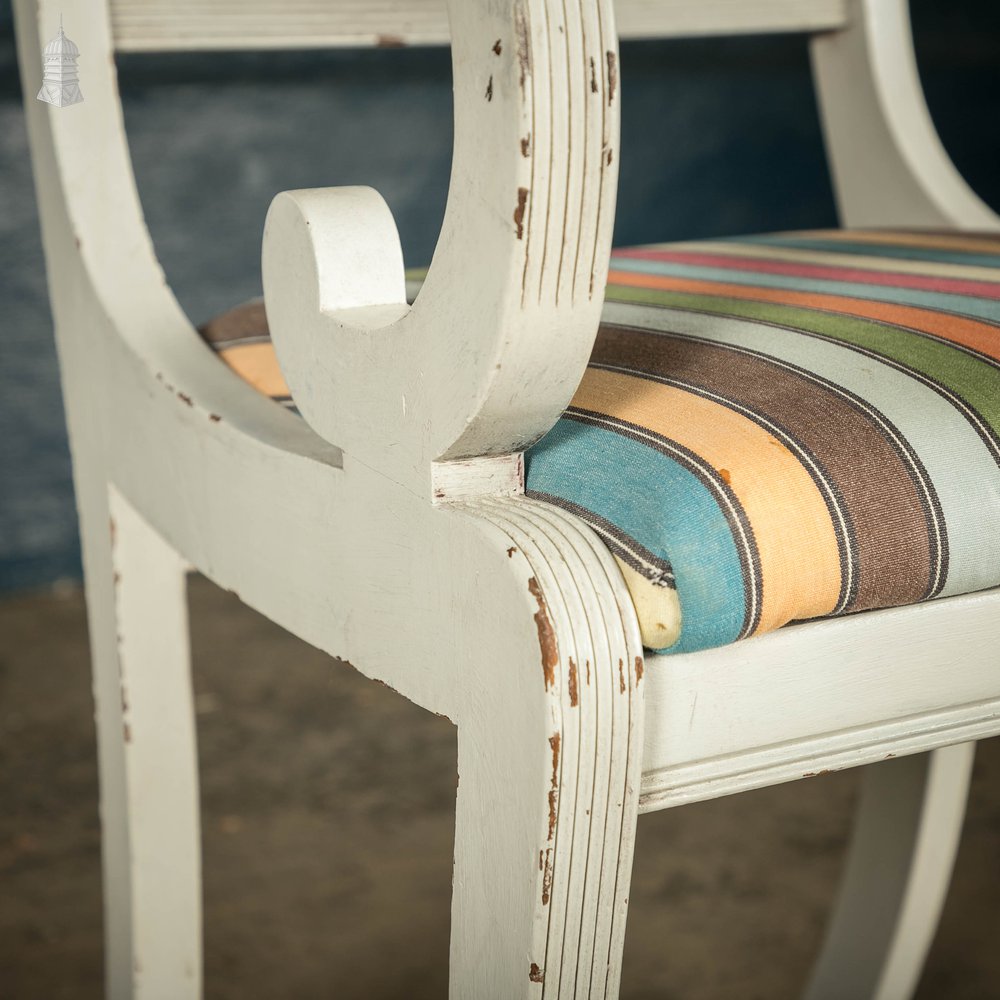 Mahogany Dining Chairs, Set of 7 20th C Cross Back Chairs with Reeded Legs, Later Reupholstery and Distressed Paint Finish