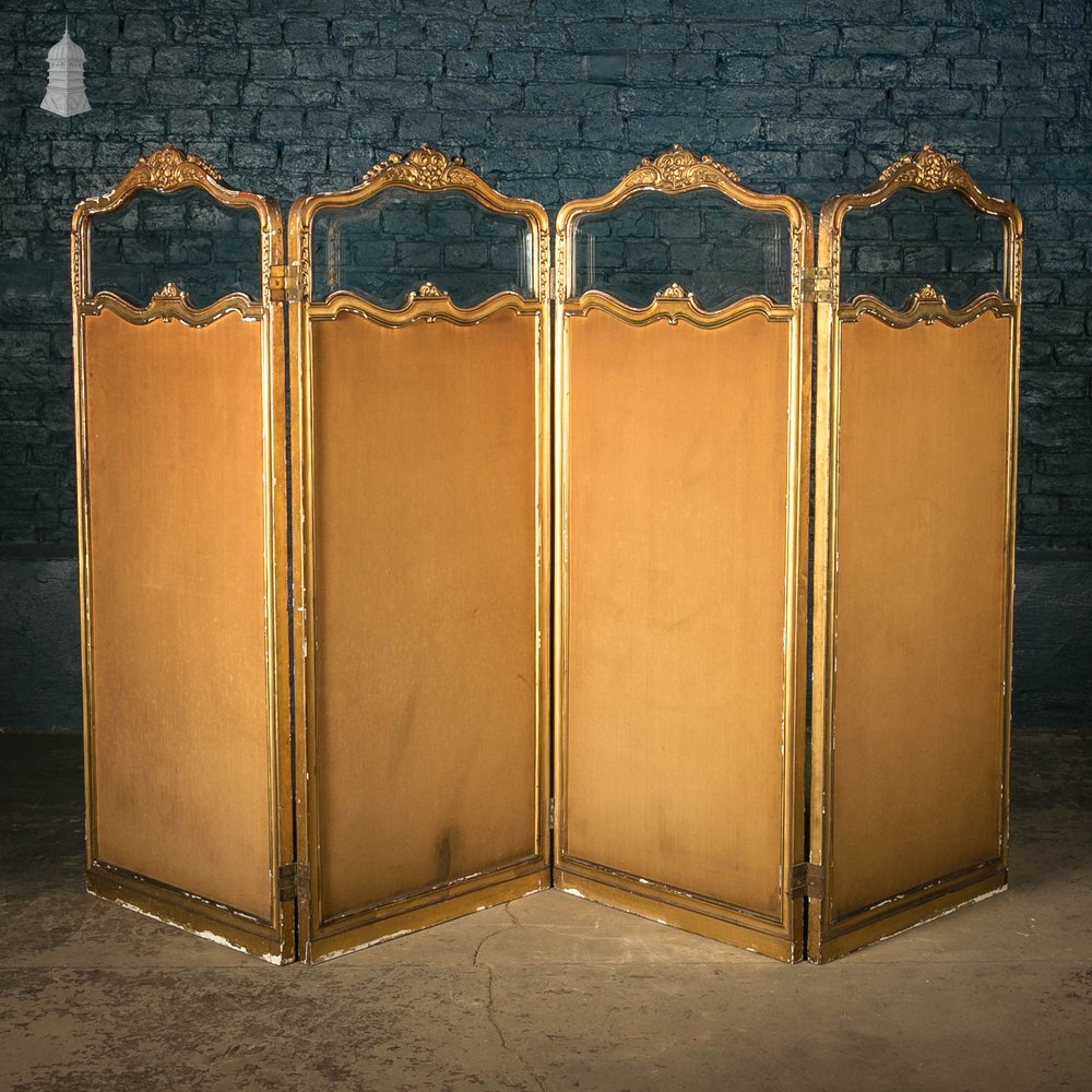 French Room Divider, Ornate 19th C Gilt Hardwood Frame, Bevelled Glass and Embroidered Silk Panels