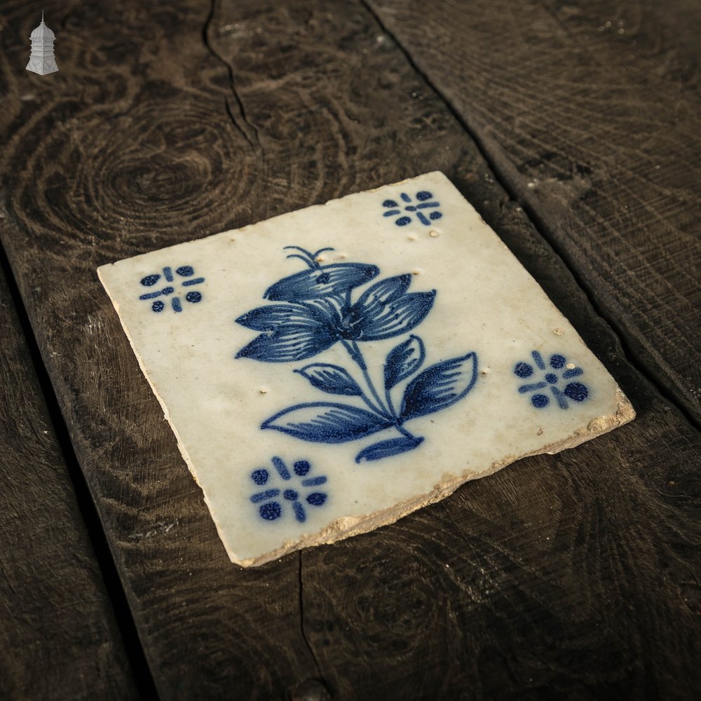 Portuguese Hand Painted Ceramic Tiles, Set of 7, White and Blue