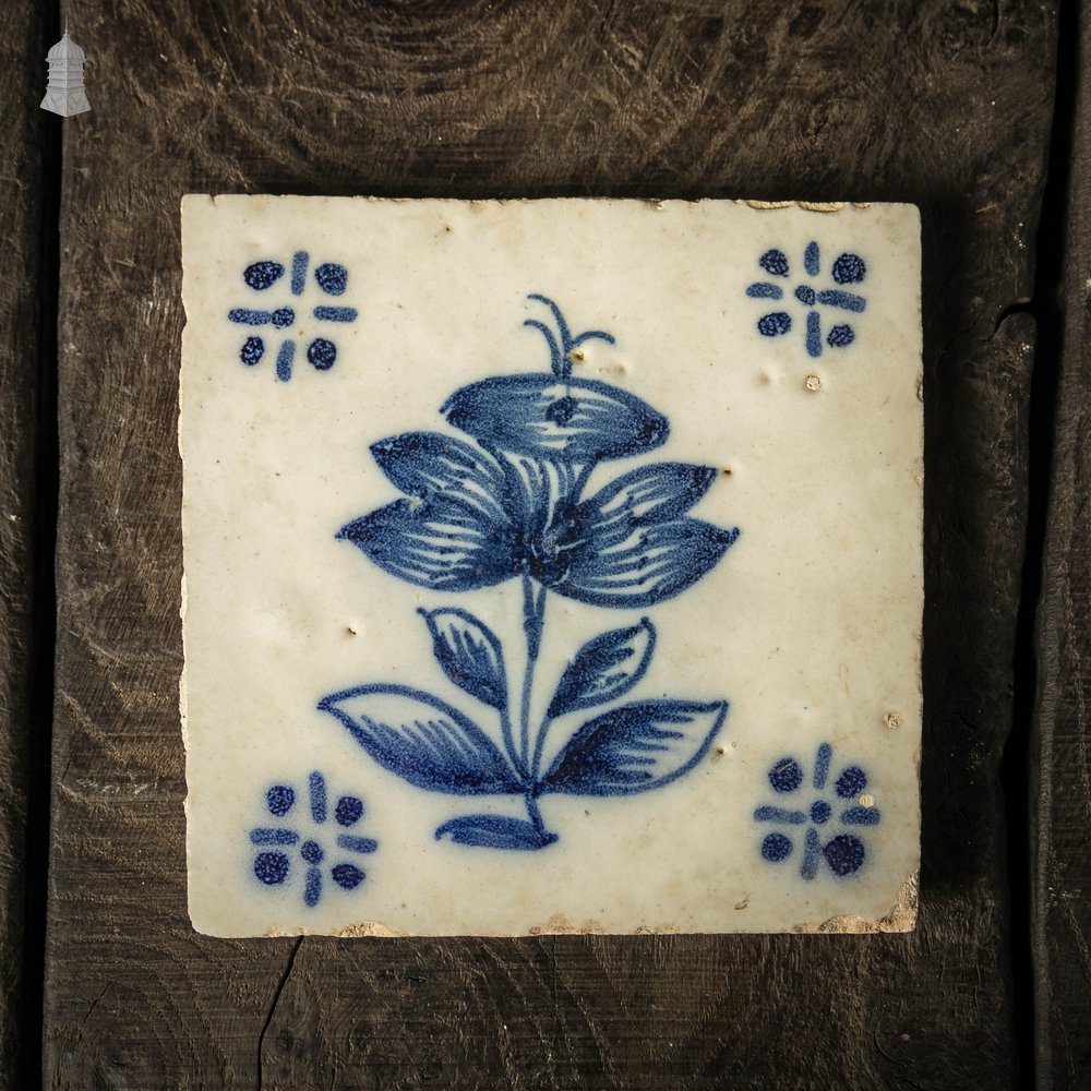 Portuguese Hand Painted Ceramic Tiles, Set of 7, White and Blue