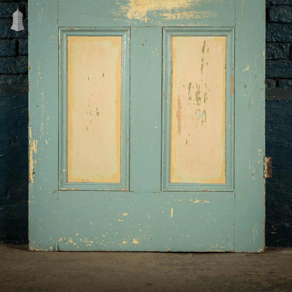 Pine Panelled Door, 4 Panel Green and Yellow Distressed Paint Finish