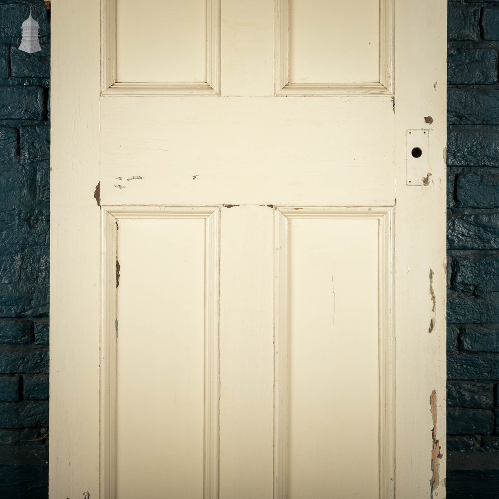 Pine Panelled Door, Moulded 4 Panel, White and Green Distressed Paint Finish