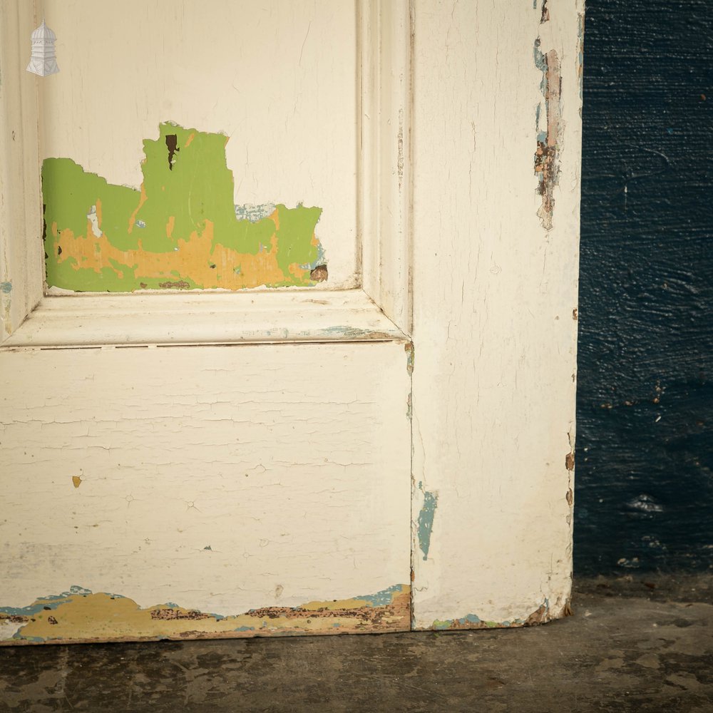 Pine Panelled Door, Moulded 4 Panel, White and Green Distressed Paint Finish