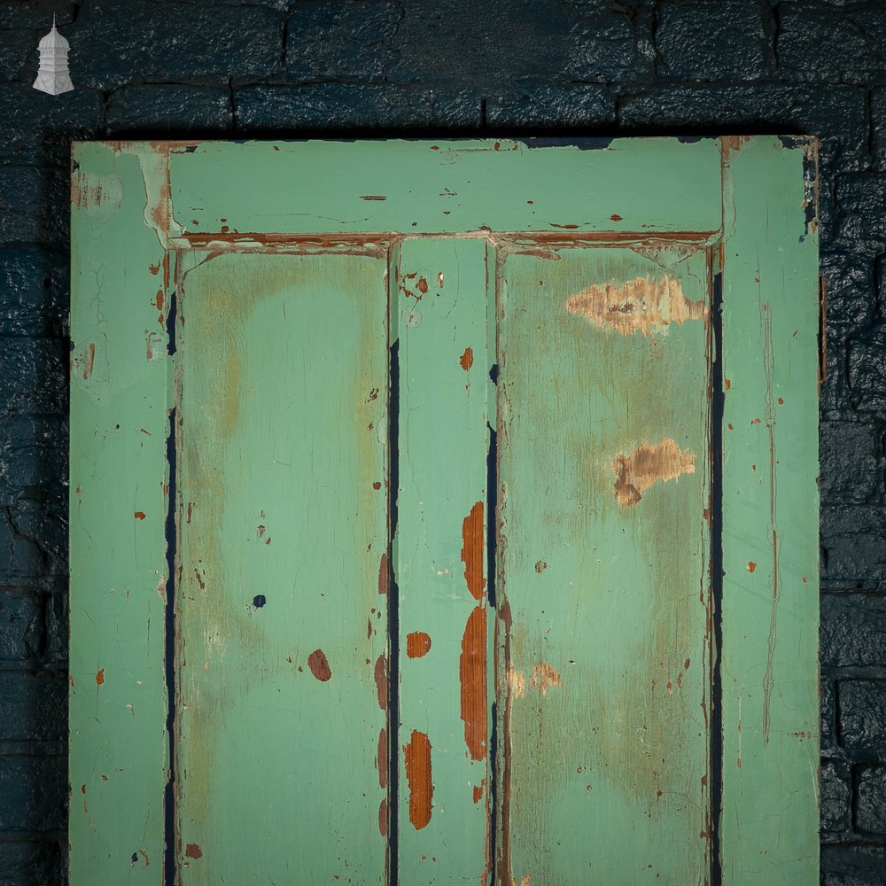 Pitch Pine Panelled Doors, Pair of 4 Panel Doors with Green Distressed Paint Finish