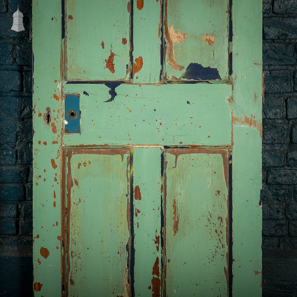 Pitch Pine Panelled Doors, Pair of 4 Panel Doors with Green Distressed Paint Finish